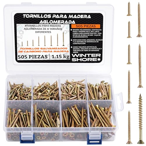 Winter Shore Juego Tornillos para Madera Acero Galvanizado [Pack 505] Tornillos Aglomerado y Madera Contrachapada M3,5, M4,2, M4,8 - Cabeza Plana, Cabeza Phillips - 20 mm a 65 mm - Caja Almacenamiento