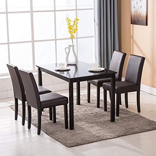 Mecor 5 Piece Dining Table Set Wood Table/4 Leather Chairs Kitchen Room Breakfast Furniture(Brown)