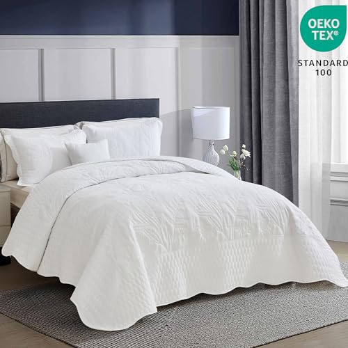 Image of Bedspread oversized Queen 102x118,Beautiful Leaf Stitching,5 PC, White