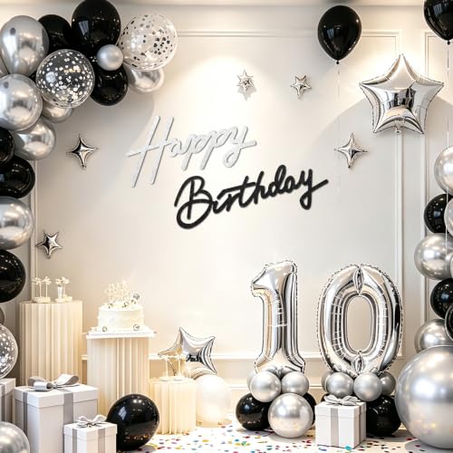 Image of TONIFUL Happy Birthday Sign for Backdrop - Glitter Black Silver Felt Banner - Includes Dot Glue - Perfect for Birthday Party Backdrop,Wall Decr,Balloon Arch,Photo Background