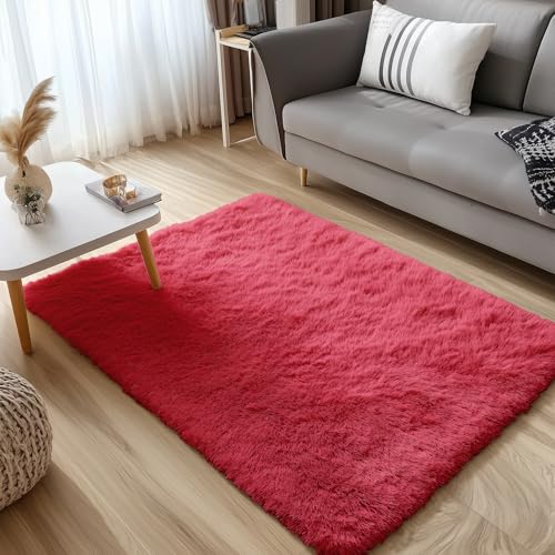 OLANLY 3x5 Machine Washable Small Bedside Rug, Soft Fluffy Shaggy Rugs for Living Room, Bedroom, Indoor Floor Carpet for Kids Girls and Boys, Preppy Dorms, Nursery, Home Decor Aesthetic, Red