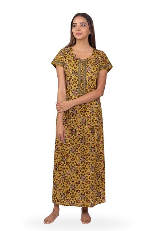 NIHSAMAH Core Style Cotton Night Gown for Women — Premium Printed Stylish Long Cotton Nighty | Comfortable & Fancy Sleepwear, Nightwear, Maxi – Dijon Orange