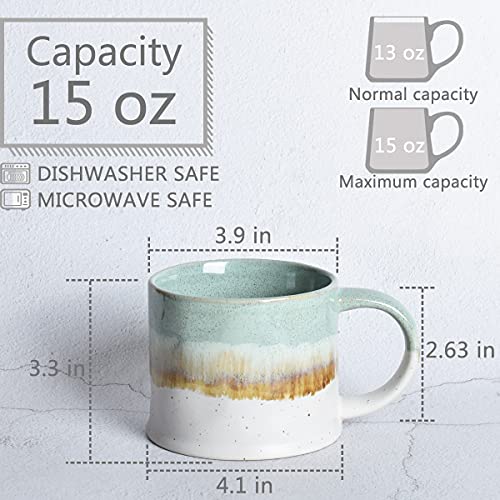 Bosmarlin Medium Ceramic Coffee Mug Set of 2, 15 oz, Big Stoneware Tea Cup for Office and Home, Dishwasher and Microwave Safe (Green, 2) - Image 2