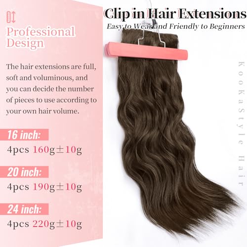 Image of KooKaStyle Clip in Synthetic Hair Extensions Long Wavy 4PCS Thick Hairpieces Chestnut Brown Fiber Double Weft Natural Hair Extensions 20 Inch for Women