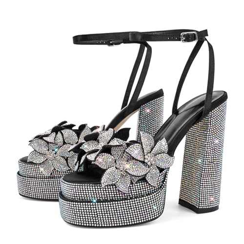 Women's Platform High Heels Rhinestones Studded Floral Ankle Strappy Buckle Heeled Sandals