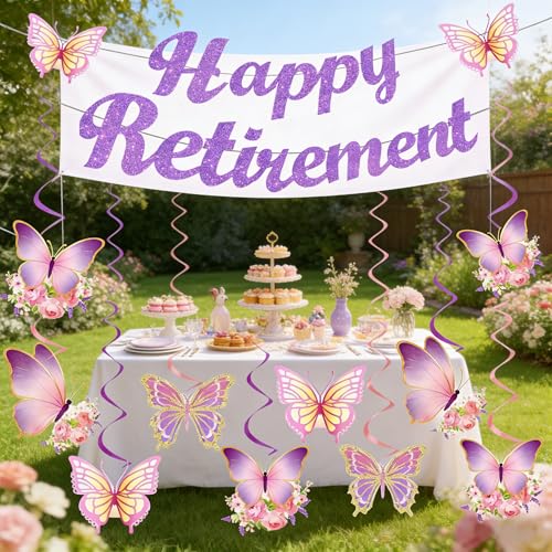 Image of Purple Butterfly Retirement Party Decorations for Women,Glitter Happy Retirement Banner with Butterfly Hanging Swirls,Retired Party Decor Supplies