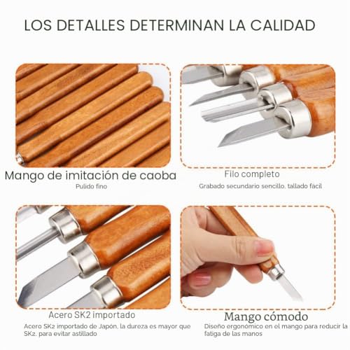 Miniatura 6 de Hospaop Set De Herramientas De Tallado En Madera - 12 Cuchillos Y Piedra De Afilar Para Adultos Y Niños, Para Frutas, Verduras Y Diy