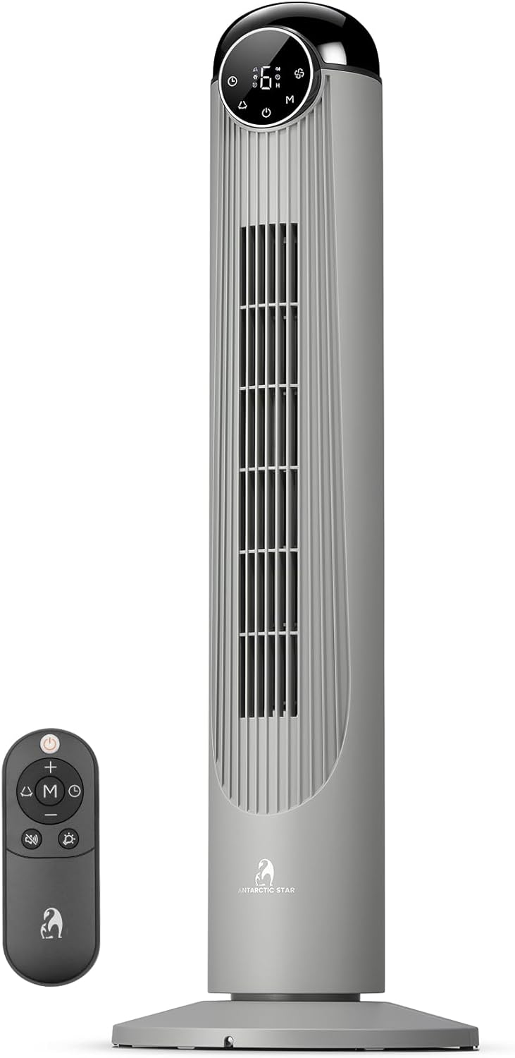 Antarctic Star T36 Tower Fan, 36 Inch Bladeless Oscillating Fan with Remote, 6 Speeds & 4 Modes, LED Display, 9H Timer, Quiet Floor Standing Fan for Bedroom Living Room Office, Grey