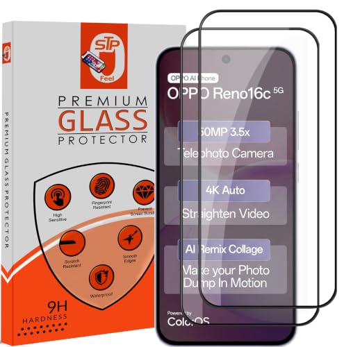 Image of STP FEEL Premium HD+ Tempered Glass Screen Protector Guard For Oppo Reno 16C 5G (6.57 Inch, Pack of 2) | Edge to Edge Coverage With Easy to installation kit for Smartphone