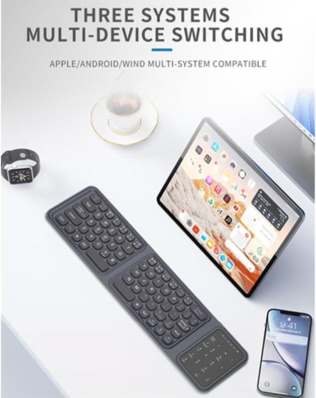 JOMAA Tri-Fold Wireless Keyboard - Ultra-Thin Lightweight, PU Leather Cover 3 Device Connections, Silent Typing Portable Design, Compatible with Windows, Mac, iOS Android, Tablet Phone Laptop
