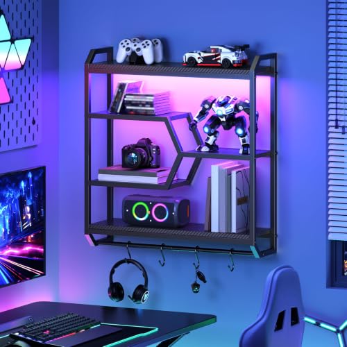 HOOBRO Gaming Floating Shelf with LED Lights 27.5 LED Wall Mounted Shelf with Hanging Rod & 4 S-Hooks 4-Tier Hanging Display Rack for Living Room Gaming Room Black BB71DBJ01