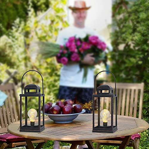 Needomo Large Candle Lantern Decorative, 2 Pack 14" Square Metal Vintage Outdoor Lanterns With Timer, Black Battery Powered Table Lamp For Patio, Front Porch, Wedding, Shelf, Farmhouse Decor(No Glass) #TOP1