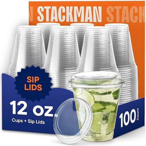 12 oz Clear Plastic Cups with Strawless Sip Lids (100 Pack) - Disposable Iced Coffee Cups for Home Baristas Spill-Proof Cold Drink Tumblers Crystal Clear BPA-Free Smoothie Cups Sturdy & Heavy Duty