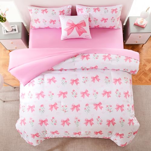 Image of DORCAS Bow Comforter Set Full Bed in A Bag for Girls,6 Pieces Pink Bow Bedding Sets with Sheets for Kids