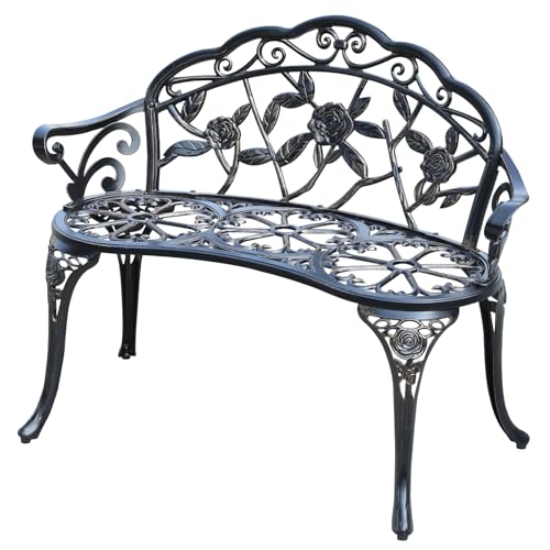 GXOUTAL Cast Aluminium Outdoor Bench, Rose Garden Bench for Patio,Park,Lawn,Yard(Bronze)