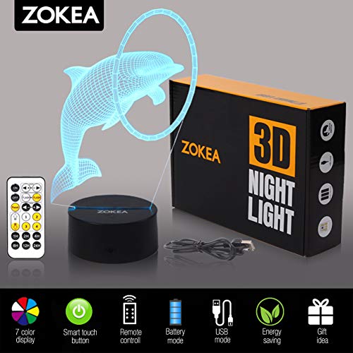 Zokea Night Light 3D Lamp 7 Colors Changing Nightlight With Smart Touch & Remote Control 3D Night Light For Kids Or As Gifts For Women Kids Girls Boys (Cute Dolphin) #TOP5