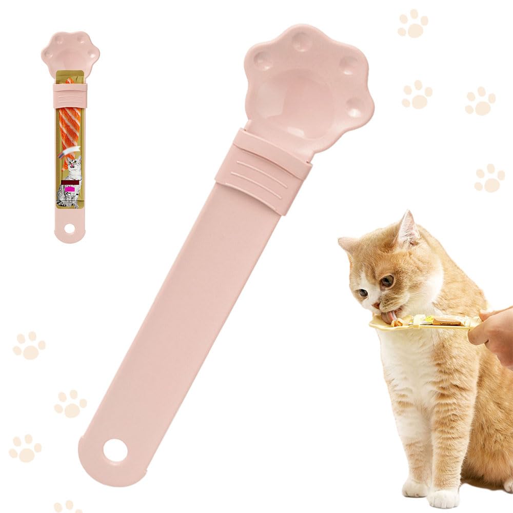 Cat Strip Feeder, 2024 New Cat Strip Happy Spoon Cat Treat Feeder Food Spoon with Hanging Hole, Multi Functional Cat Wet Treat Squeeze Treat Spoon for Pet Dogs Cats (Pink)