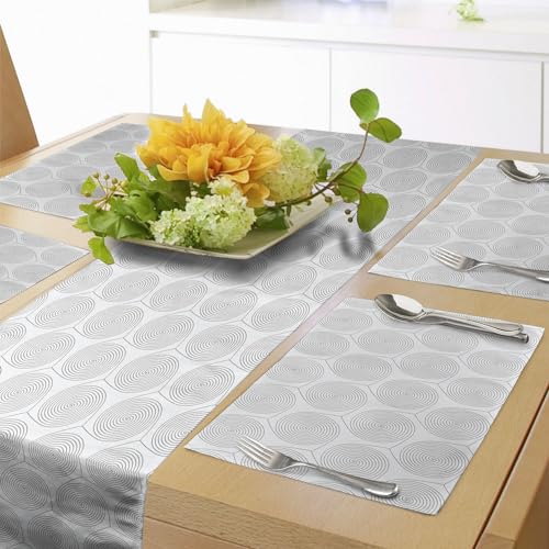 Ambesonne Abstract Table Runner & Placemats, Minimal Geometric Spiralling Circles Monochrome Linked Rings Round Illustration, Set for Dining Table Decor, Placemat 4 pcs + Runner 14