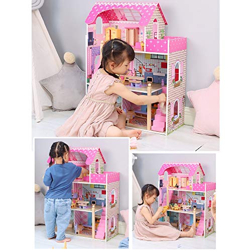 OUPAI Häuser für Modepuppen Holzpuppenhaus, 3-Geschichte Puppenhaus und Möbel Kit mit Möbel und Puppen, Pretend Play… – Bild 7
