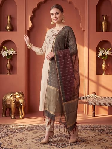Image of INDO ERA Women's Cotton Blend Solid Straight Kurta Palazzo With Dupatta Set