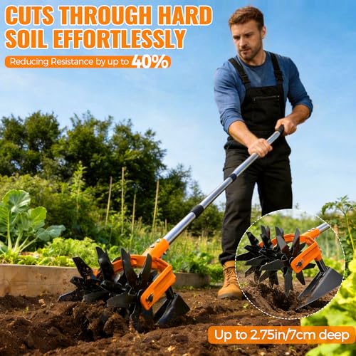 image for Pankay Rotary Hand Tiller for Gardening, Garden Cultivator Tool with T