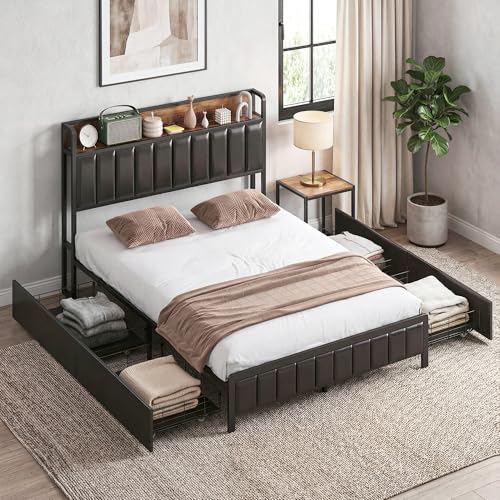 HOMCOM - Marco de cama (140 x 190 cm, con somier de láminas de metal, cama doble acolchada de piel sintética con cabecera, pie de cama, 4 cajones y estante, sin ruidos, estilo industrial, color negro