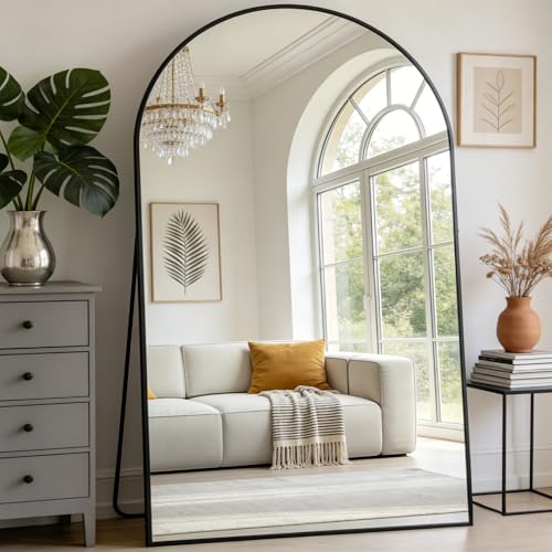 Image of Prywot Full Length Mirror, Oversized 90 inchx46 inch Arched-Top Floor Mirror, Black