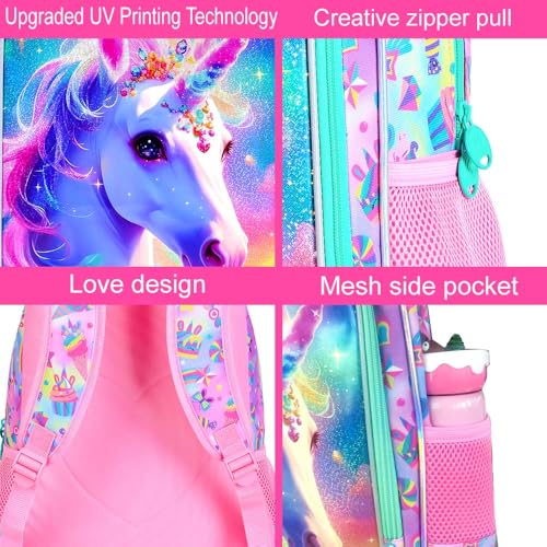 Image of AGSDON 3PCS Backpacks for Girls, 16 inch Kids Unicorn Elementary Backpack with lunch box, Water Resistant Prechool Bookbag for Girl