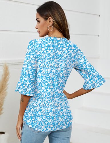 LOMON Summer Shirts for Women 3/4 Length Sleeve Cute Tops Tunic Top Loose Fit Dressy Loose Fit Half Sleeve Blouses (A1 Blue White Floral,Medium) — view 4