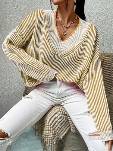Image of Cakulo Womens Fall 2025 Oversized Striped V Neck Sweaters Long Sleeve Knit Color Block Trendy Pullover Sweater Top