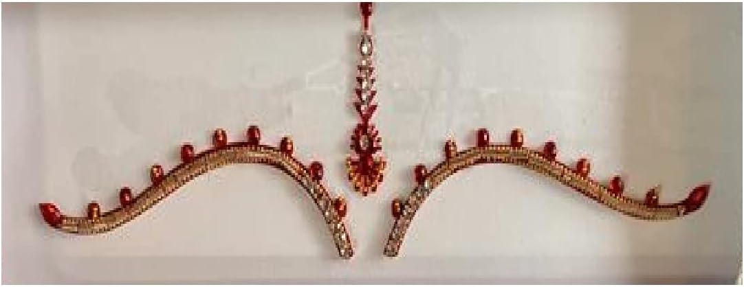 OJ Golden & Red Color Stone Stud Bindi Long Bridal Makeup Dulhan Bride Suhagan Bindi Rajasthani Marvadi Bindiya Traditional Look Tikka for Wedding Fancy Golden Bindi for Shagun For Womens & Girls