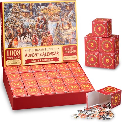 Advent Calendar 2025 Christmas Puzzles, Christmas Countdown Calendar Jigsaw Puzzle, 1008 Pieces Puzzle Advent Calendar Christma Gifts for Kids Teens Adults Advent Puzzle Game Home Xmas Decor