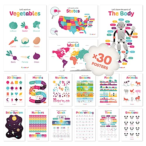 Educational Posters for Kids: 30 x Kindergarten Classroom Posters for Toddlers (Preschool Posters -Classroom Decorations) - by CLEVEROO