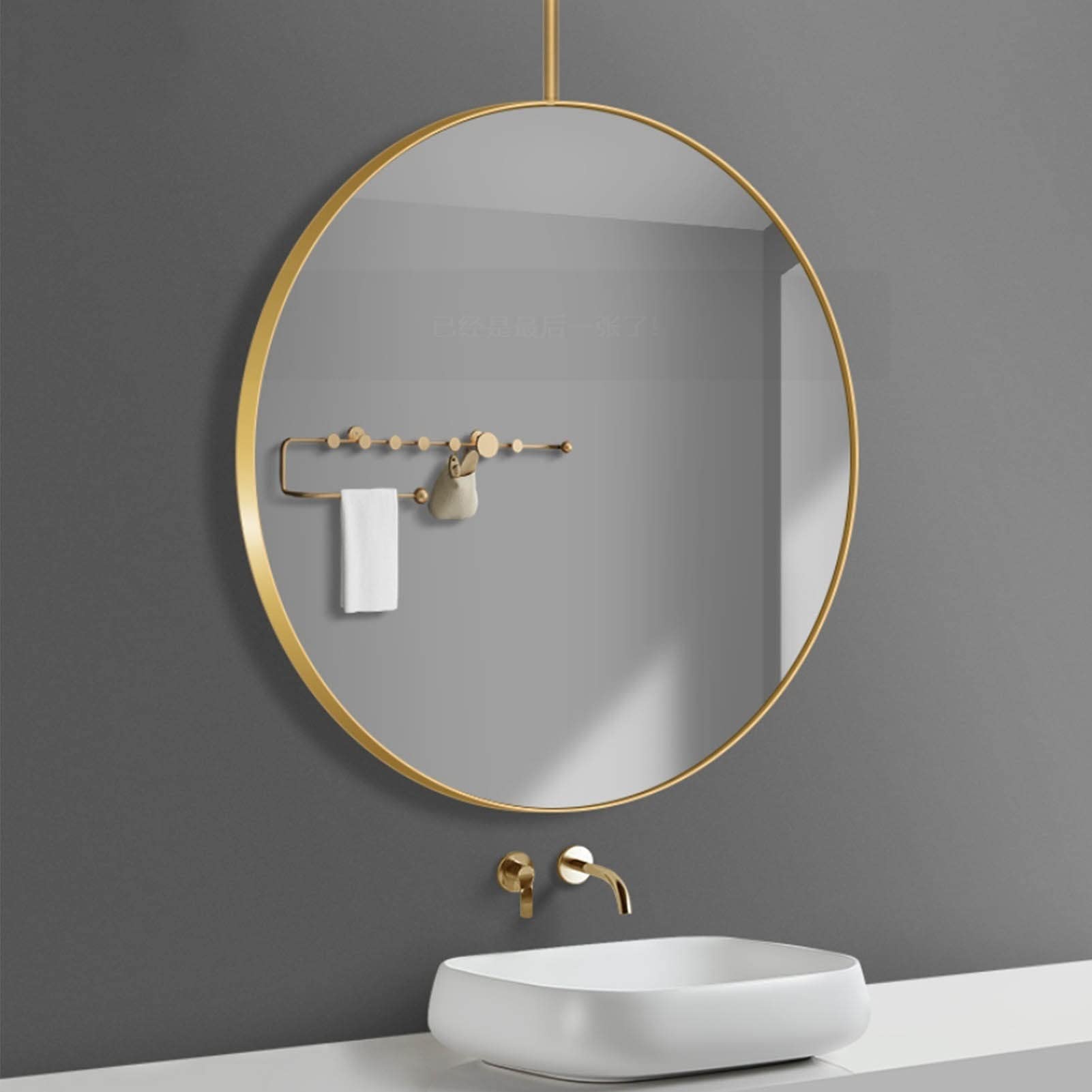 GLJTUO Large Circle Decorative Mirrors for Wall, Floating Makeup Vanity Mirror, Bathroom Living Room Mirror with Ceiling Hanging Rod - Customizable Metal Boom