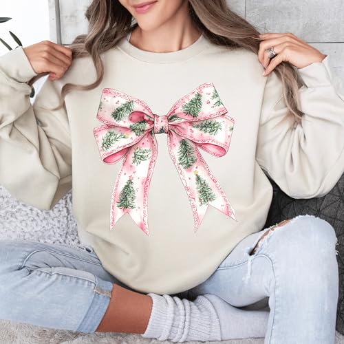 Christmas Graphic Tree Ribbon Sweatshirt, Merry Christmas Coquette Tee, Family Matching Christmas Pajamas, Cute Xmas Ribbon Sweater, Christmas Tree Hoodie, Christmas Party Crewneck Multi Color3