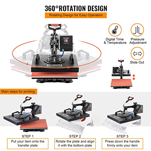 Vevor Heat Press Machine, 15 X 15 Inch, 6 In 1 Combo Swing Away T-Shirt Sublimation Transfer Printer With Teflon Coated, Mug/Hat/Plate Accessories Included, Etl/Fcc Certificated, Black(Color May Vary) #TOP7