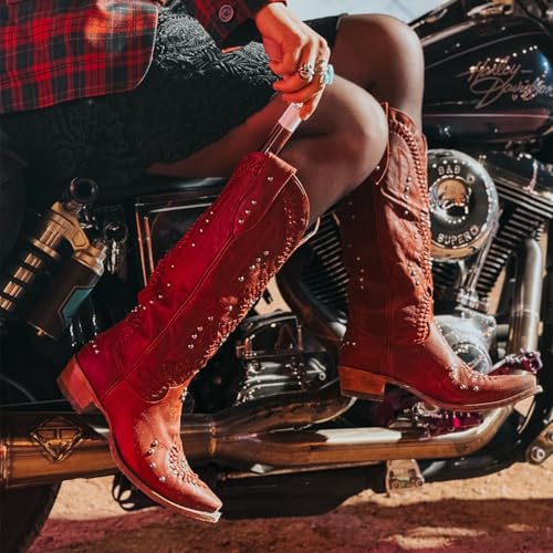 Cowboy Boots for Women- Knee High Western Cowgirl Boots Pointed Toe Chunky Heel Pull on Zipper Fashion Vintage Embroidered Country Shoes2