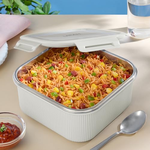 Image of Larah by BOROSIL Freshbyte Food Storage Container with Airtight Stainless Steel Lid | Fridge Container for Lunchbox | Food Grade | Microwave Safe (Grey, 1600 ml, Square)