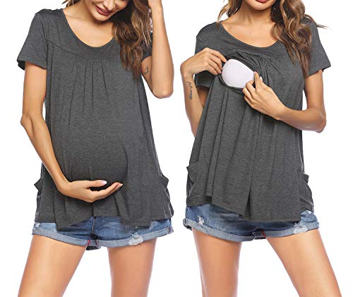 Image of Ekouaer Women's Nursing Tops Maternity Shirt for Breastfeeding Double Layer Short Sleeve Pregnancy T-Shirts with Pockets
