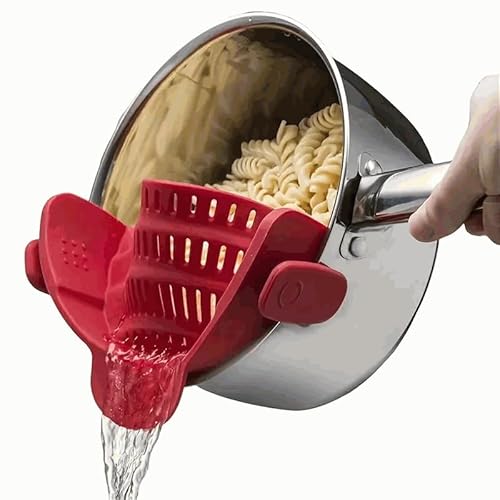 CHEFZOCO Colador plegable para olla, Escurridor de pasta, Escurridor de Verdura, escurridor Plegable para Ollas, Colador Ajustable Ollas, Libre de BPA, Silicona, Apto para lavavajilla (Rojo)