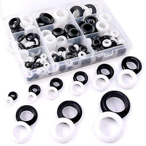 Glarks 200Pcs 9 Sizes Black/White Round Rubber Grommet Assortment Kit Electrical Wiring Coil