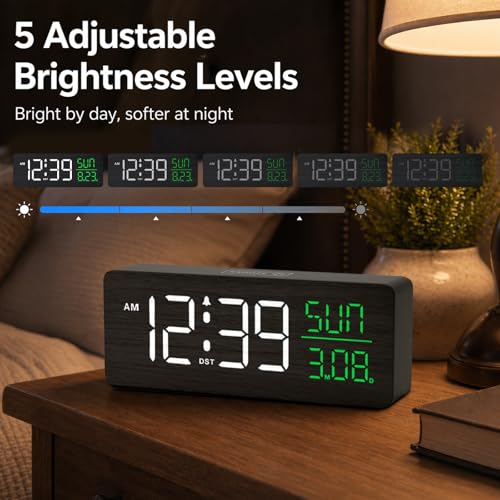 Image of Peakeep Wooden Digital Alarm Clock Large Display, Textured Decoration | for Bedroom Living Room Desk Table, Electric Plug-in Clock Battery Backup with Time Date Day, 5 Brightness, Auto DST