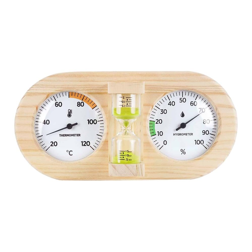 Thermometer Hygrometer mit Sanduhr-Timer & Holzrahmen, Feuchtigkeitsmesser für Sauna, Hotel, Schlafzimmer und Gewächshaus (Grün)