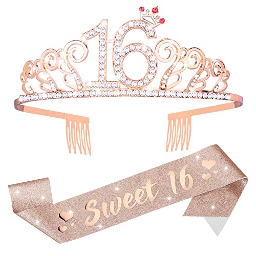 Sweet 16 tiara e faixa para meninas, decoração de aniversário em cetim com coroa de diamantes de imitação, presente de 16 anos para meninas, suprimentos de decoração de festa de aniversário de 16 anos