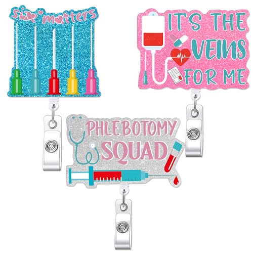 6 Pcs Phlebotomy Badge Reels, Retractable Funny Pink Glitter ID Badge Holder with Metal Clip, Phlebotomy Essentials and Phlebotomist Gifts