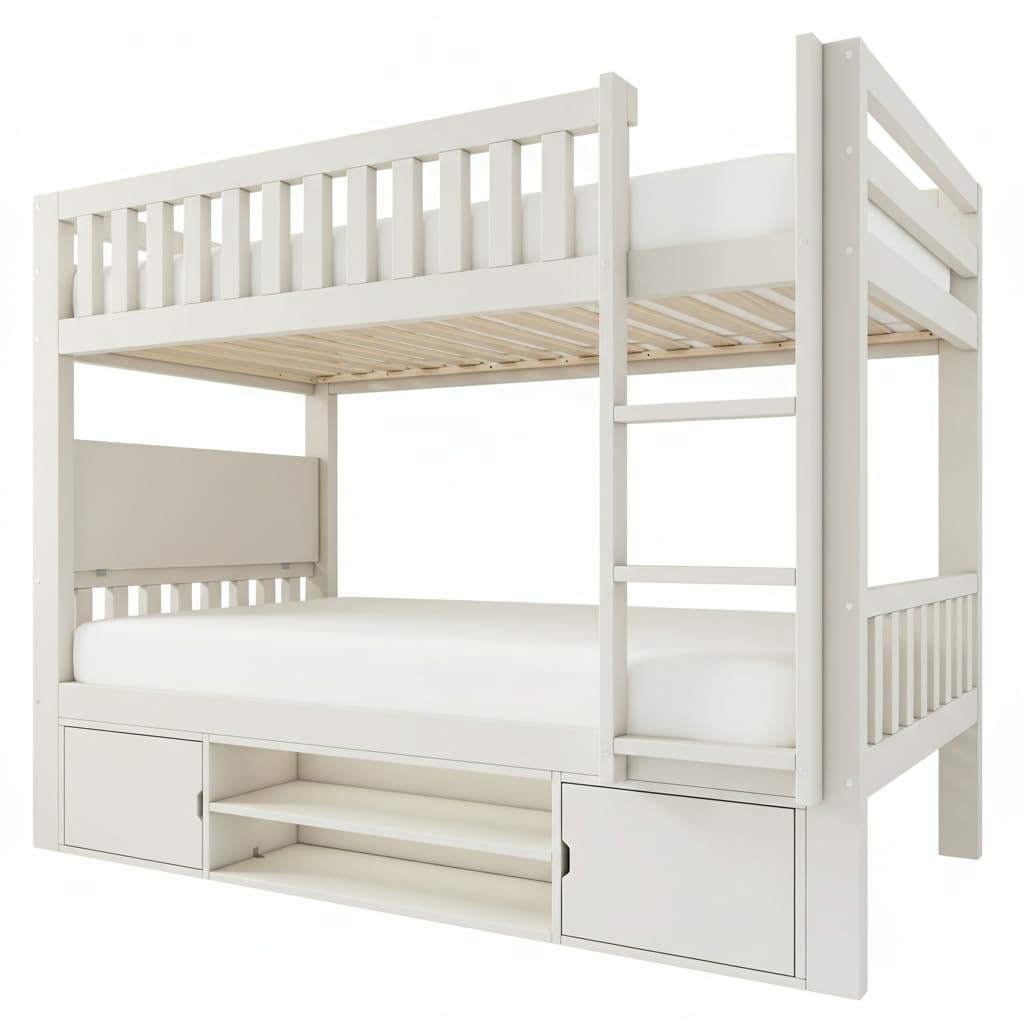 Cama alta infantil de 90 x 200 cm, solución todo en uno que ahorra espacio con práctico tablero plegable, zapatero de dos niveles, armarios de almacenamiento, somier de listones estable