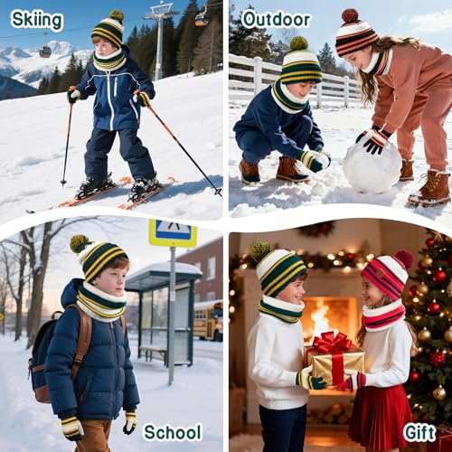 Image of Kids Winter Hat Gloves Scarf Set: Girls Boys Beanie Fleece Lined Ages 6-10