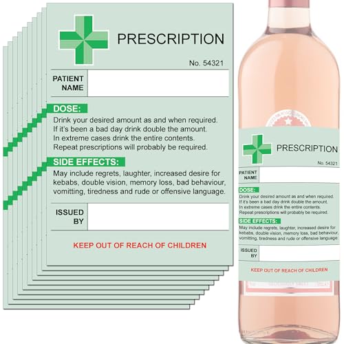 10x Prescription Alcohol Wine Medical Bottle Gift Funny Drinks Sticker Label Fun Gifts for Women Men Teacher Get Well Soon Present Prosecco Gifts Birthday Dad and Mum. Pack of Ten