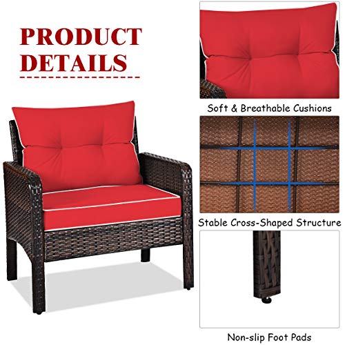 Image of Tangkula 3 Piece Outdoor Patio Furniture Set, Wicker Chairs Set with Glass Top Coffee Table, Thick Cushions, All Weather Garden Lawn Poolside Backyard Porch Furniture Set for 2 (Red)