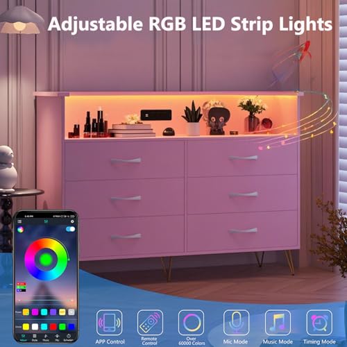 Image of Dresser for Bedroom with 6 Drawers, Wide Wood Chest of Drawers with Charging Station & RGB LED Lights - Storage and Organization Dresser for Living Room, Closet, Hallway, MDF Cabinet, Pink